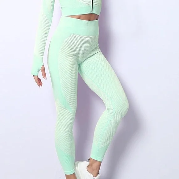 Mint Green Textured Women's Active Leggings Stretch Athletic Activewear Running - Picture 1 of 10